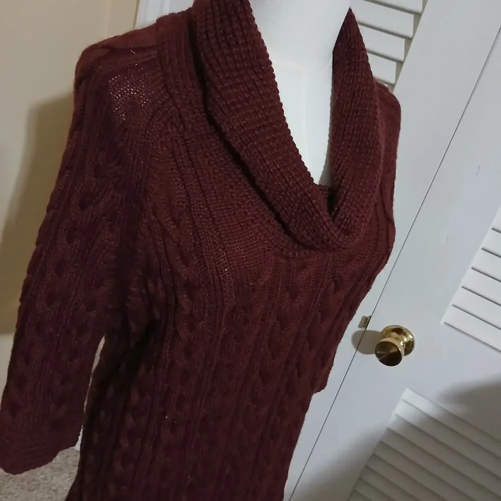 Coldwater Creek L (14/16) Maroon Cable Knit Cowl Neck Wool Blend Tunic Sweater